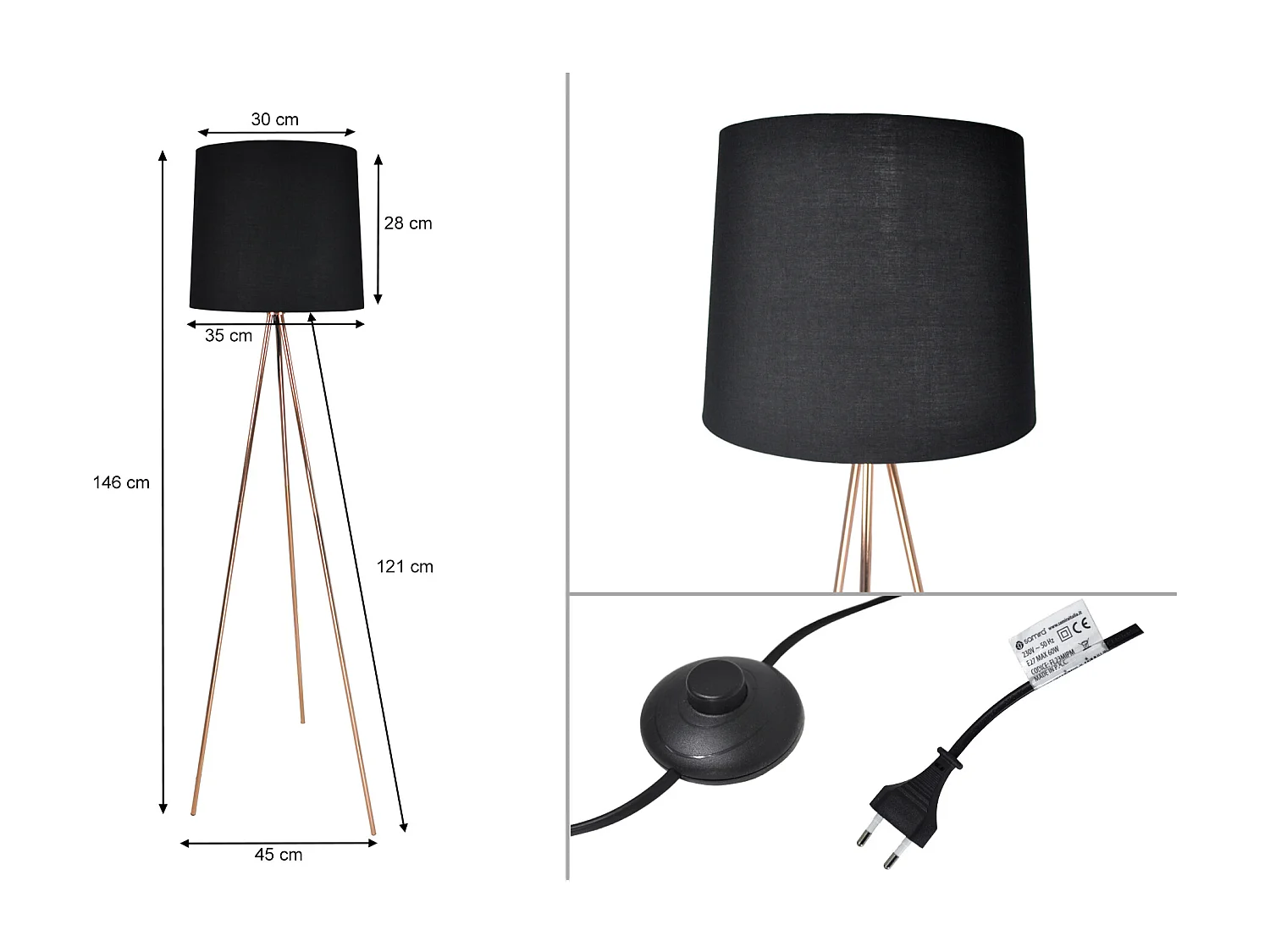 Lampada da terra con treppiede in metallo color oro rosa, piantana mod. Michelle