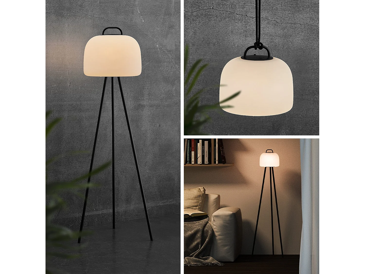 Lampe extérieure LED 3 en 1 – TRIPADA XL– Lampe extérieure en plastique. Ø36cm rechargeable. à suspendre. avec trépied 1m et corde