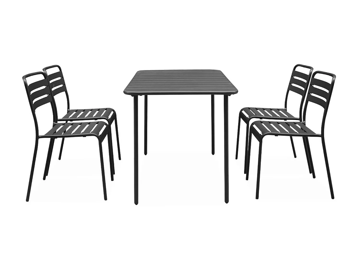 Table de jardin métal + 4 assises anthracite en acier. Amelia. 120 x 70 x 72.5 cm
