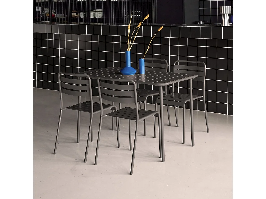 Table de jardin métal + 4 assises anthracite en acier. Amelia. 120 x 70 x 72.5 cm