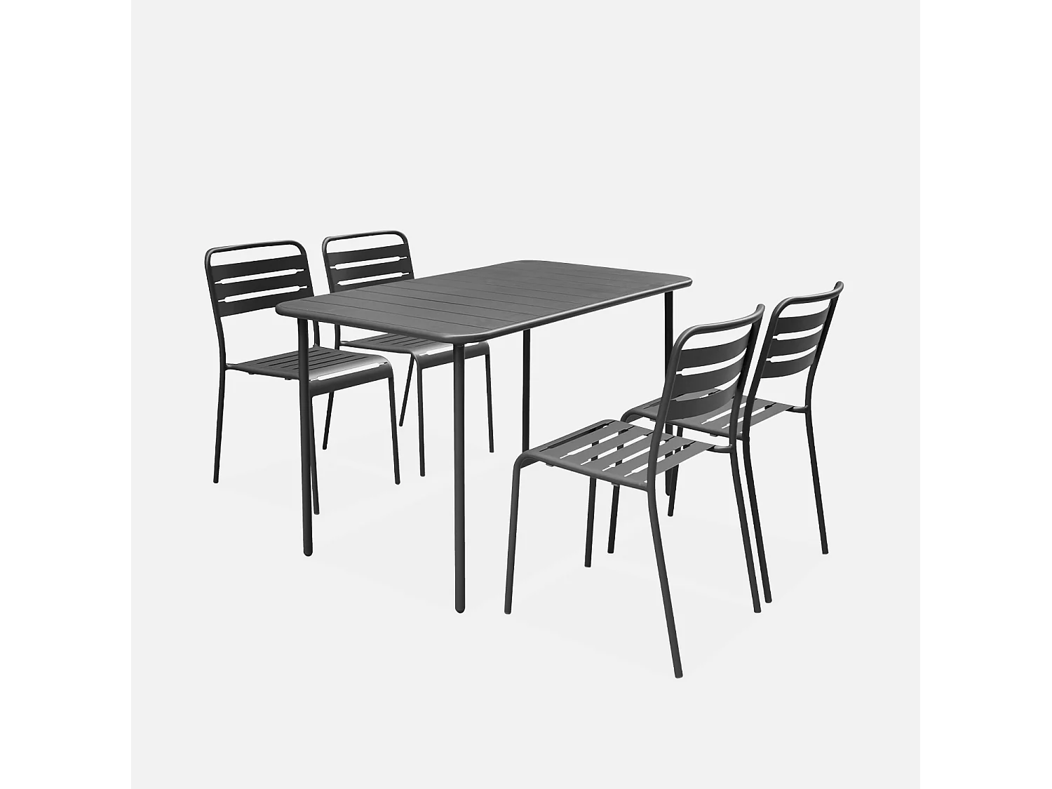 Table de jardin métal + 4 assises anthracite en acier. Amelia. 120 x 70 x 72.5 cm