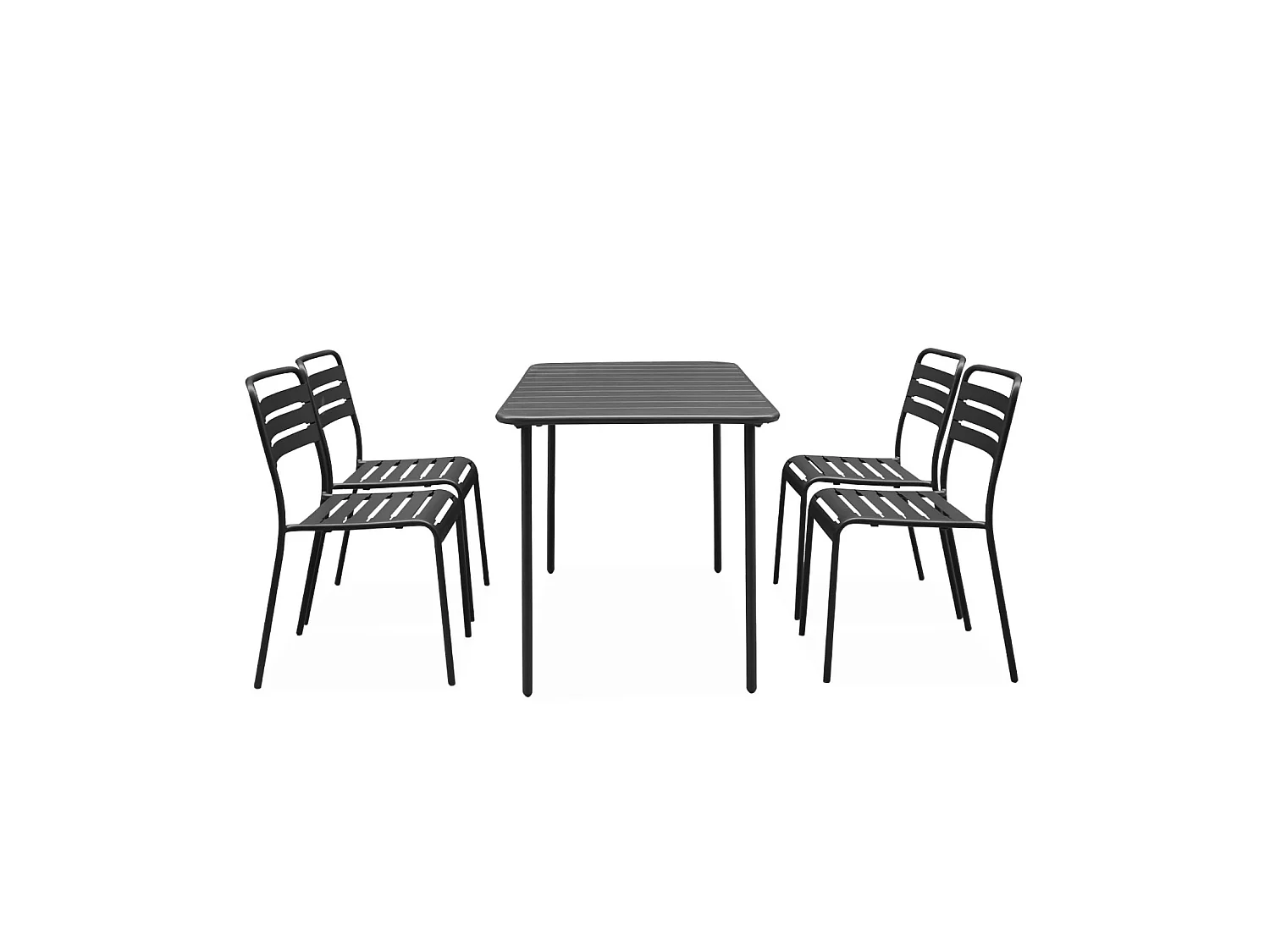 Table de jardin métal + 4 assises anthracite en acier. Amelia. 120 x 70 x 72.5 cm