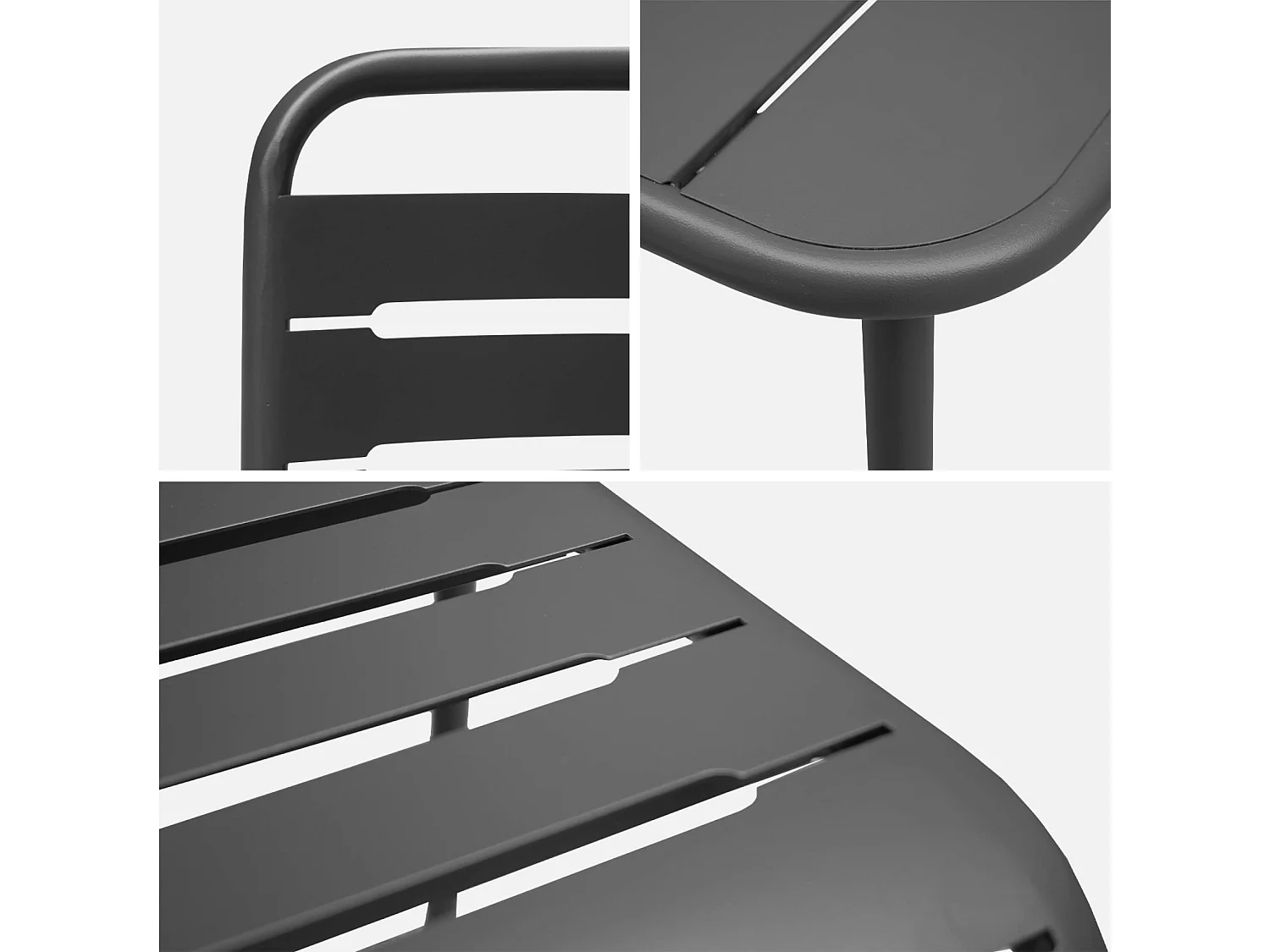 Table de jardin métal + 4 assises anthracite en acier. Amelia. 120 x 70 x 72.5 cm