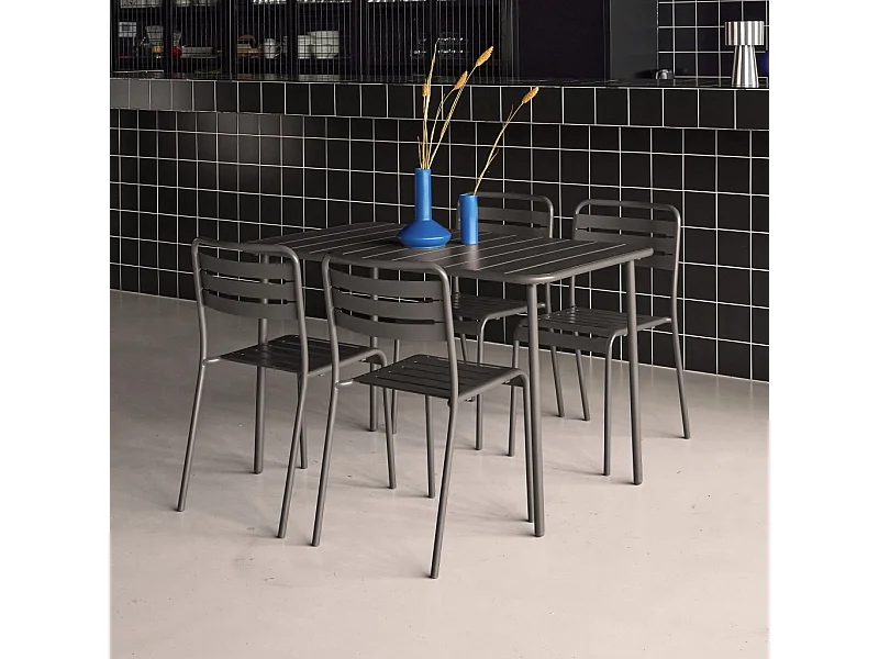 Table de jardin métal + 4 assises anthracite en acier. Amelia. 120 x 70 x 72.5 cm