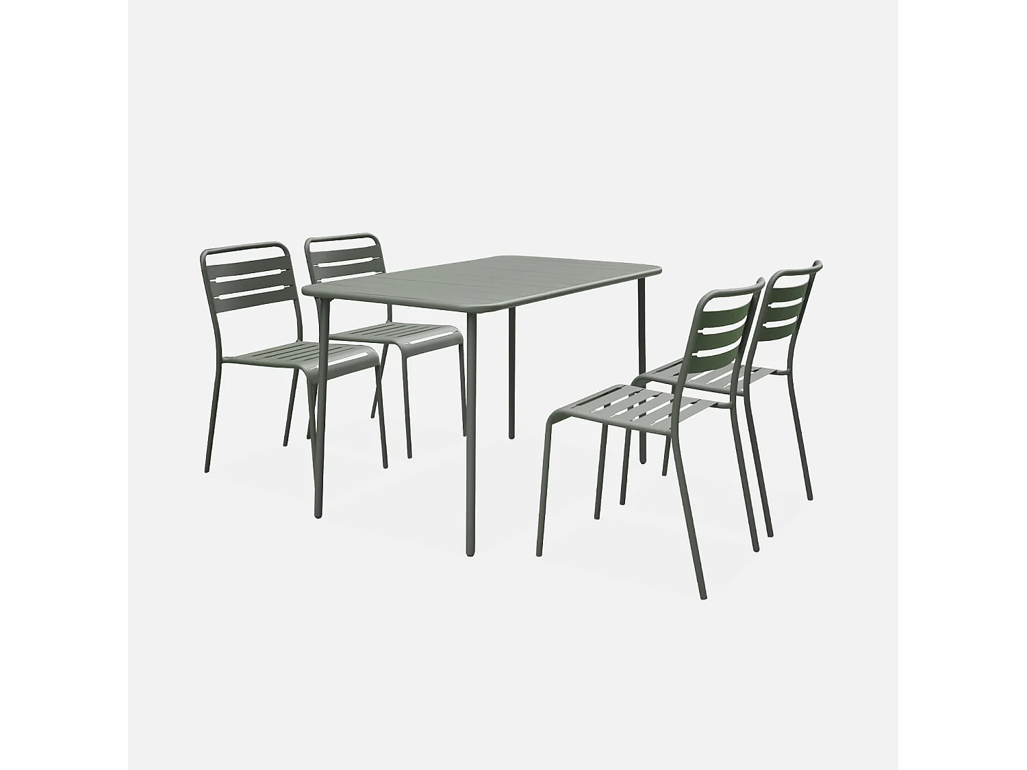 Table de jardin métal + 4 assises kaki en acier. Amelia. 120x70xH72.5cm (12.2kg)