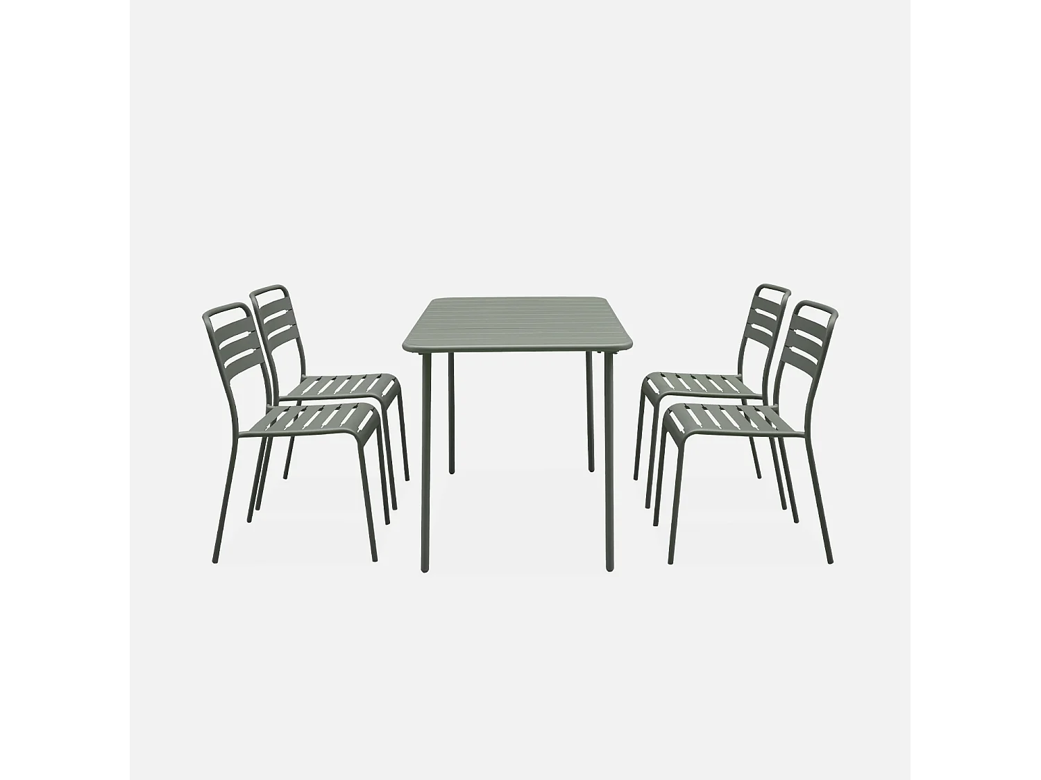 Table de jardin métal + 4 assises kaki en acier. Amelia. 120x70xH72.5cm (12.2kg)