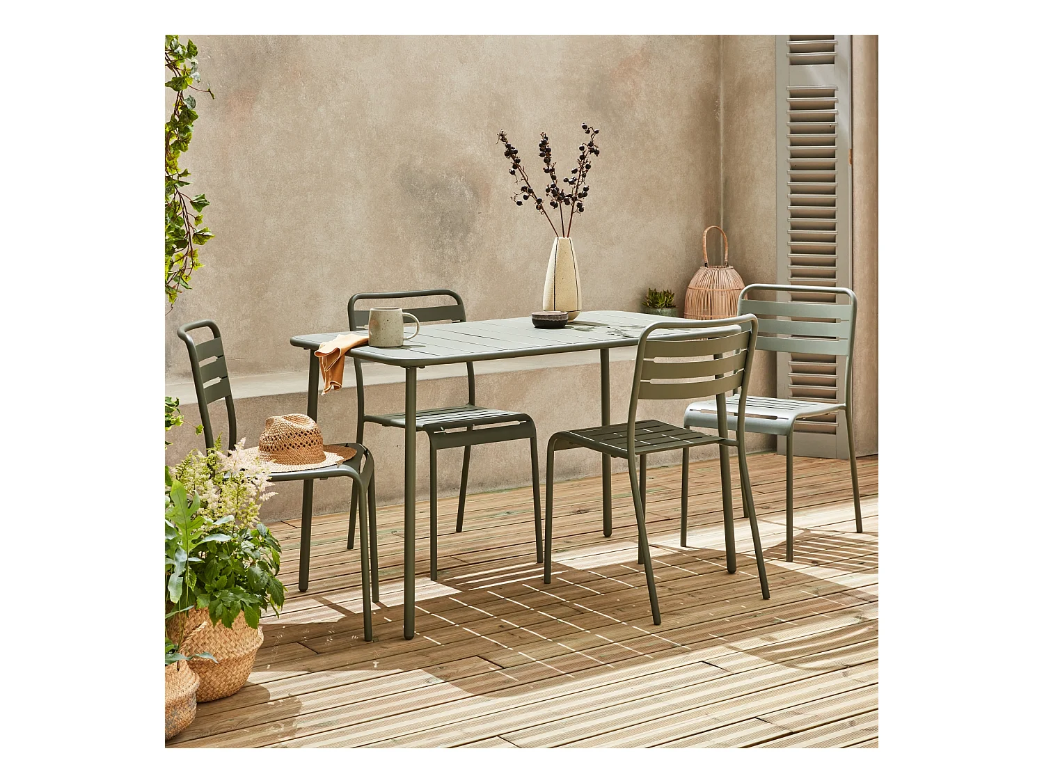 Table de jardin métal + 4 assises kaki en acier. Amelia. 120x70xH72.5cm (12.2kg)