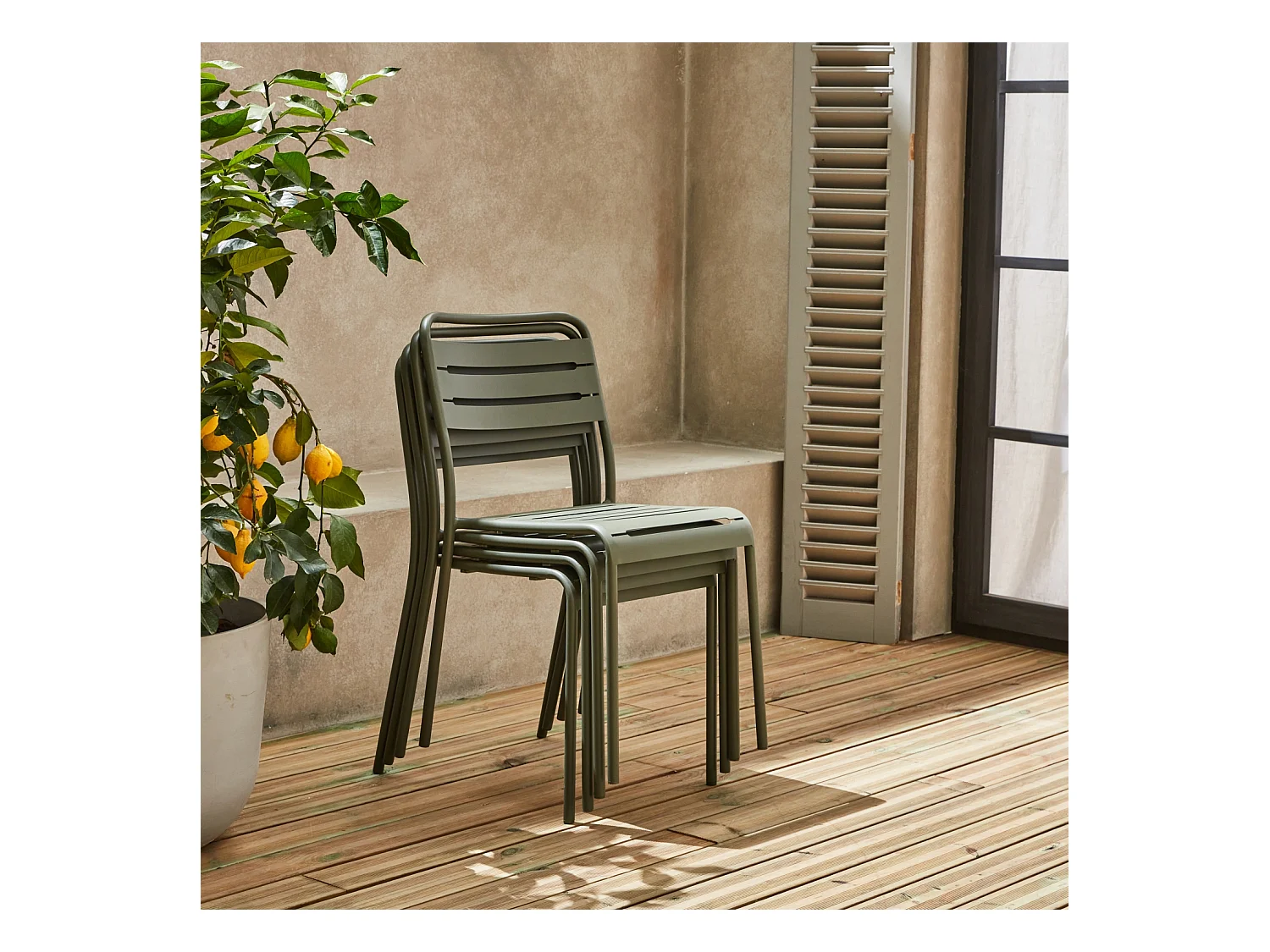 Table de jardin métal + 4 assises kaki en acier. Amelia. 120x70xH72.5cm (12.2kg)