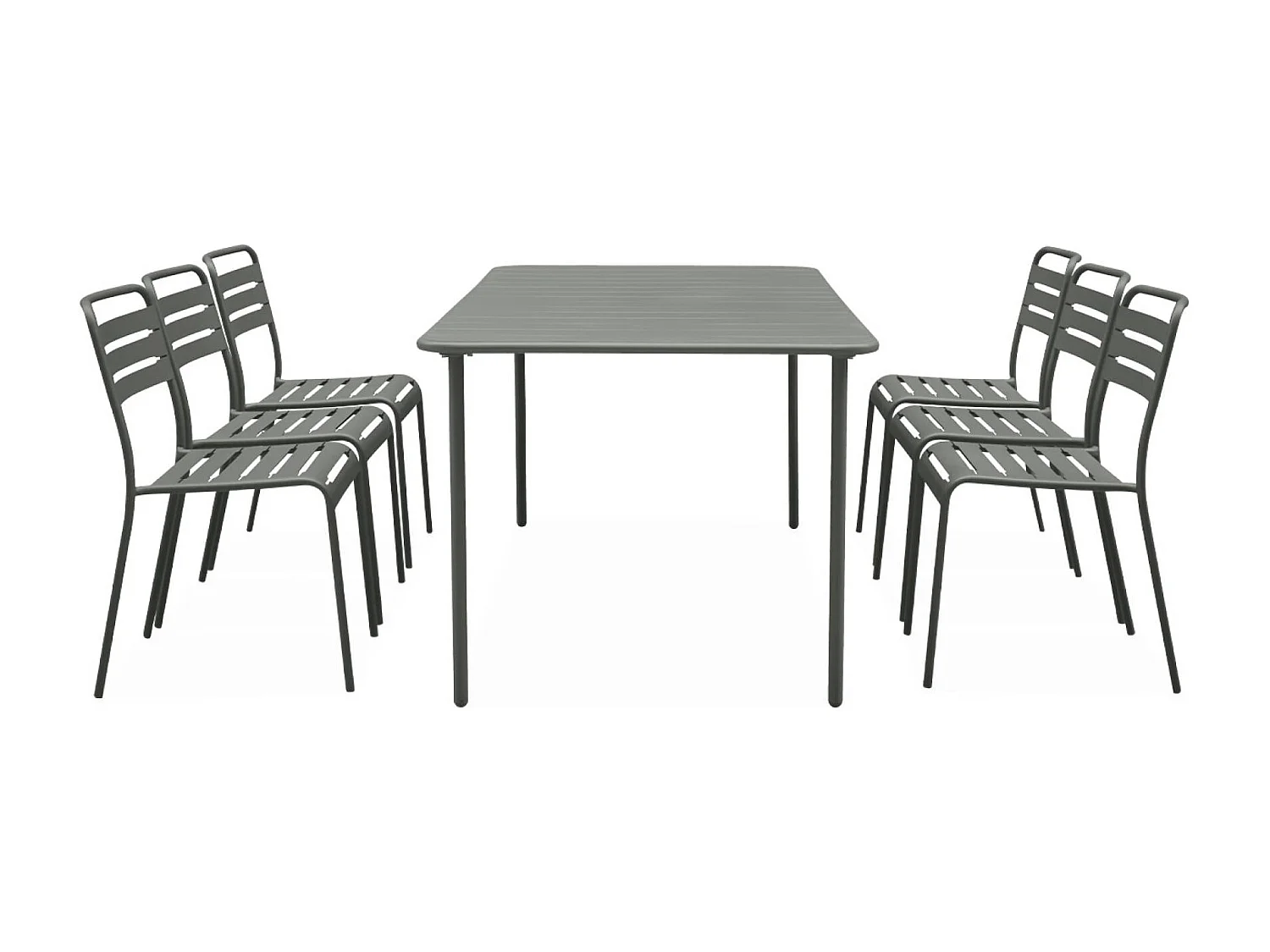 Table de jardin métal + 6 assises kaki Amélia traitement antirouille. lattes et bords arrondis