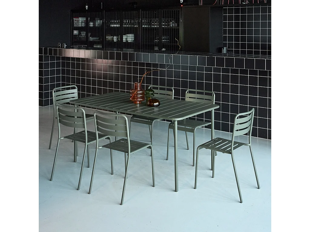 Set mesa de jardín de metal con 6 sillas verde kaki