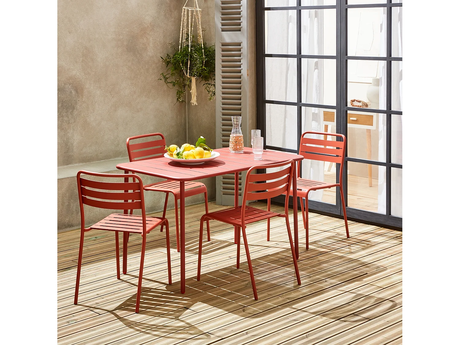 Set tavolo da giardino in metallo, 4 sedie, terracotta