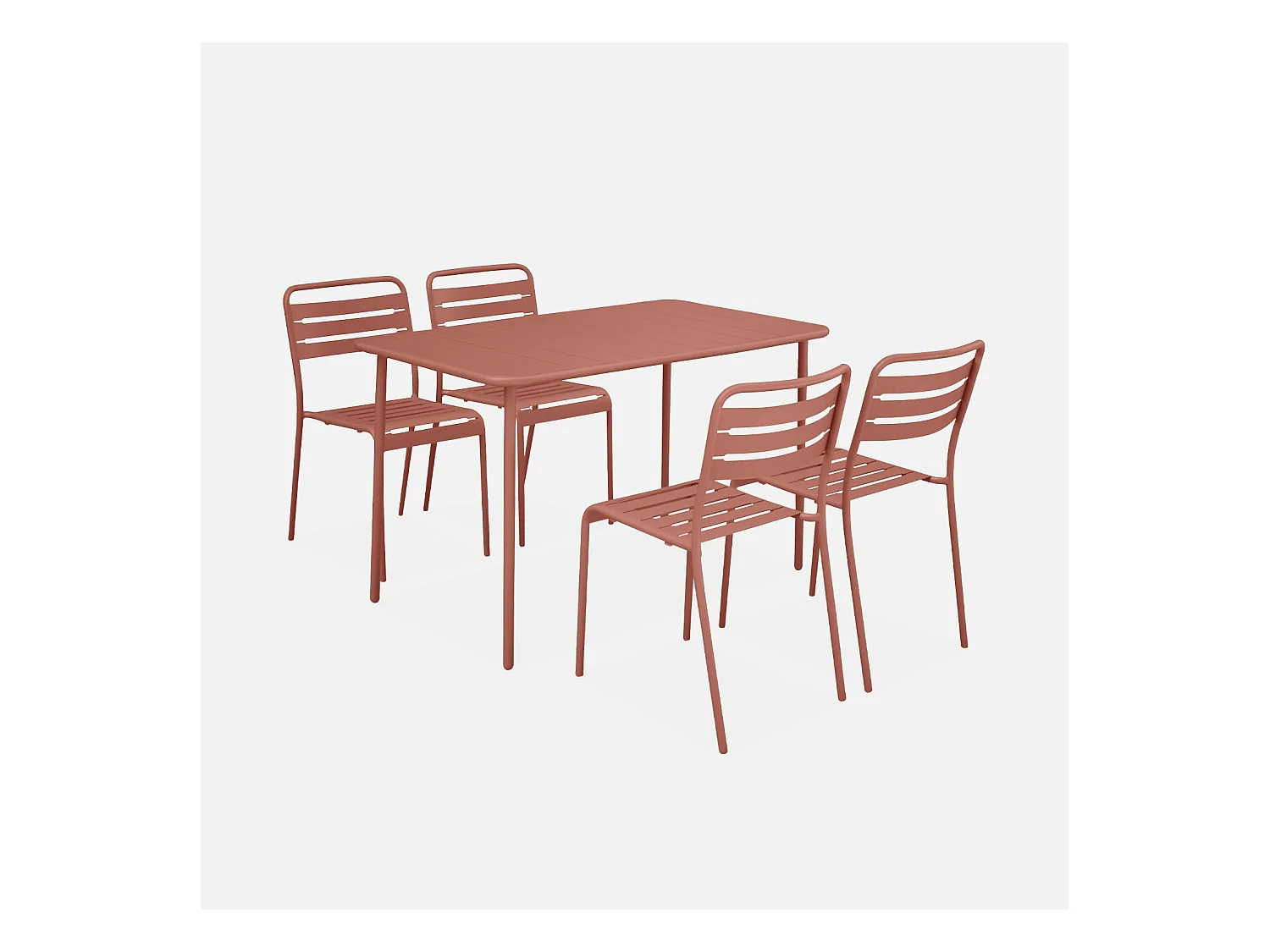 Table de jardin métal + 4 assises terracotta en acier. Amelia. 120x70xH72.5cm (12.2kg)