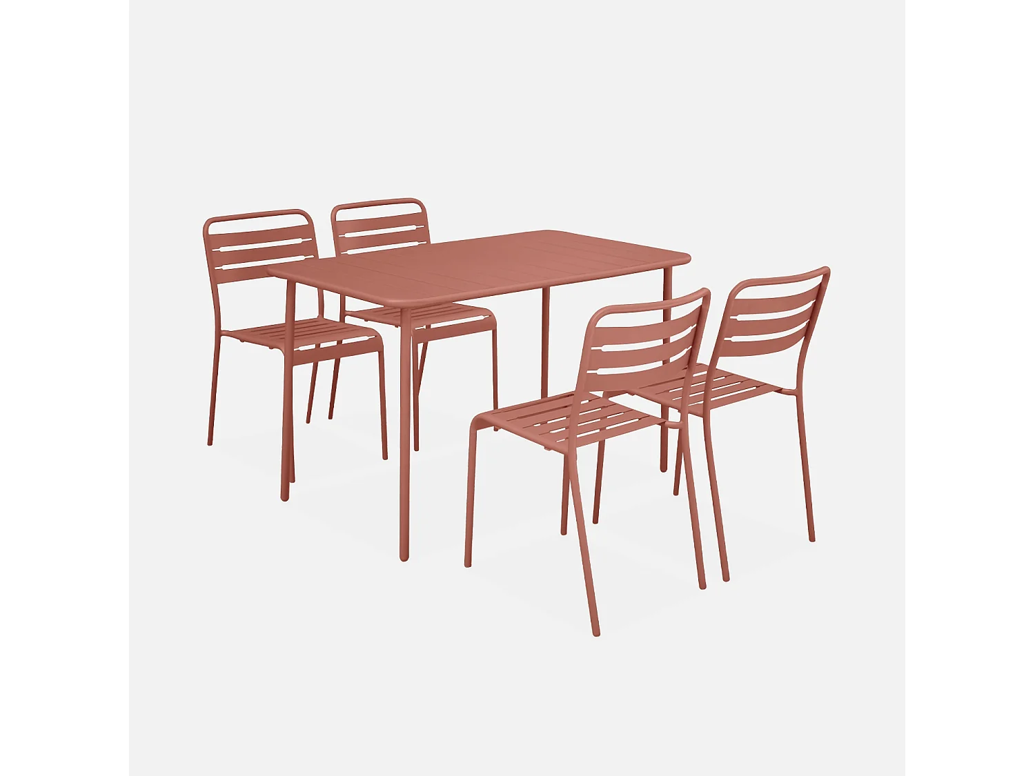 Table de jardin métal + 4 assises terracotta en acier. Amelia. 120x70xH72.5cm (12.2kg)