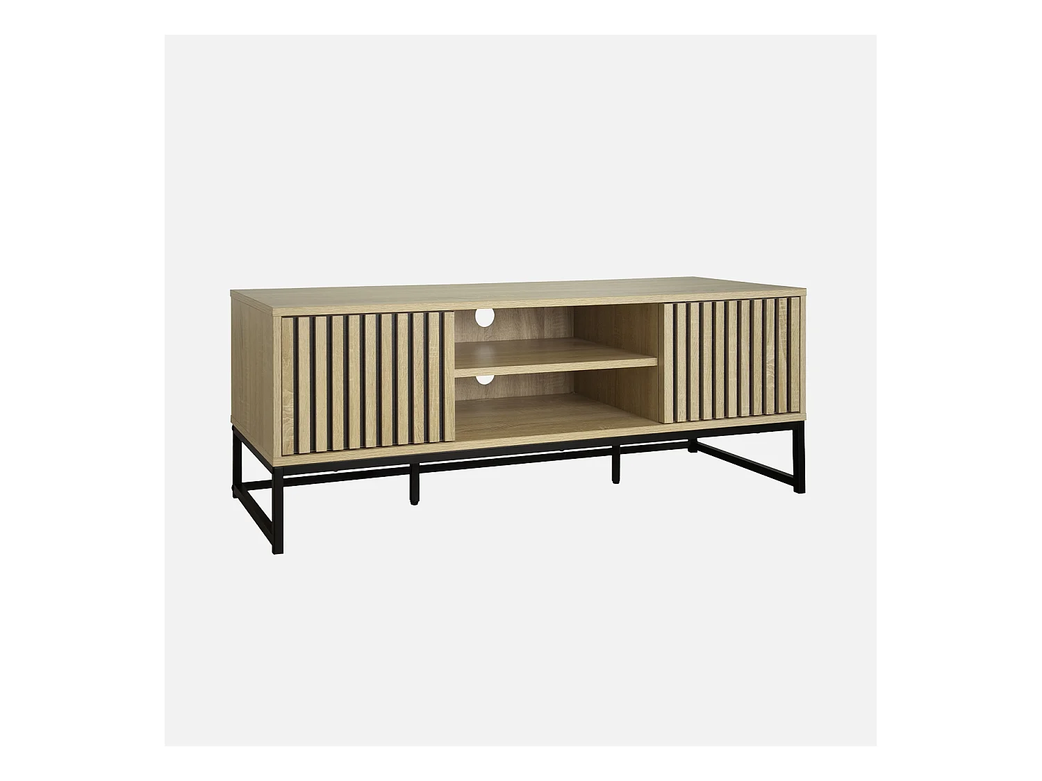 Meuble TV en décor bois rainuré L 120cm et piètement en métal noir. système d'ouverture par pression
