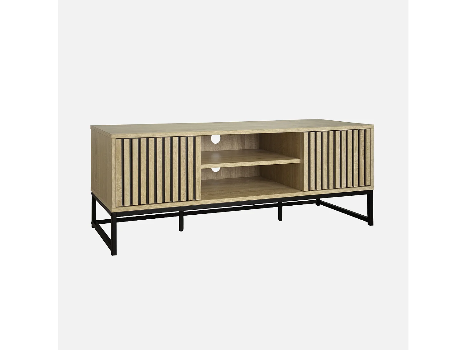 Mobile tv a 2 ante in legno scanalato e metallo nero, 120cm, marrone