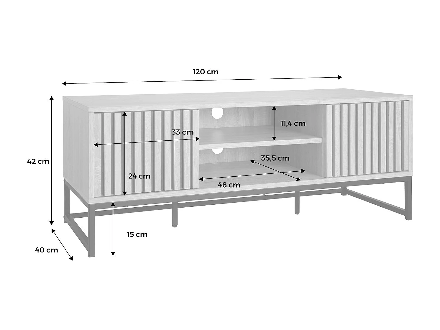 Mobile tv a 2 ante in legno scanalato e metallo nero, 120cm, marrone