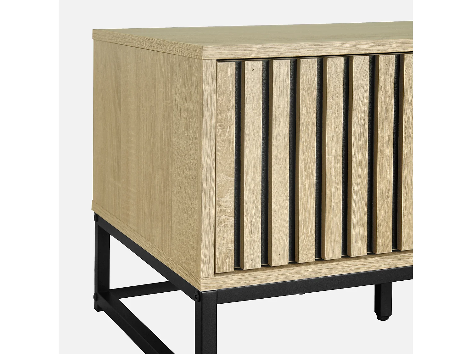 Meuble TV en décor bois rainuré L 120cm et piètement en métal noir. système d'ouverture par pression