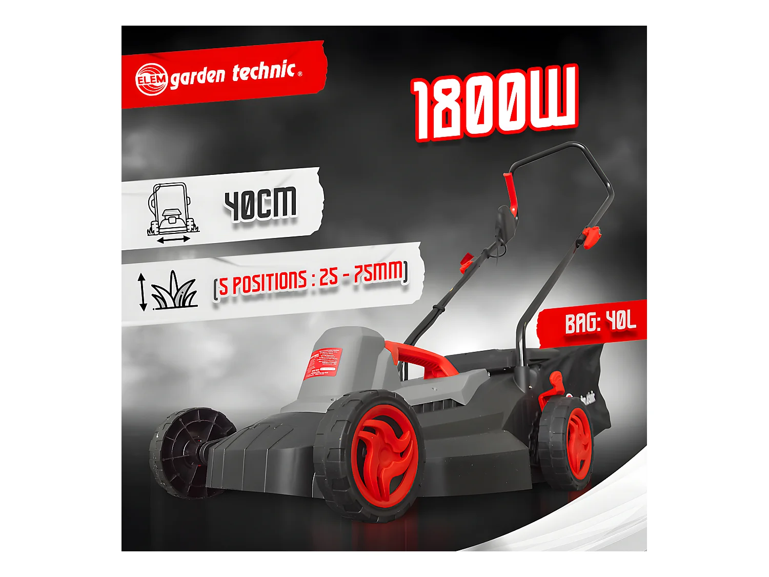 Tondeuse à gazon électrique 1800W - Largeur de coupe 40cm - Elem Garden