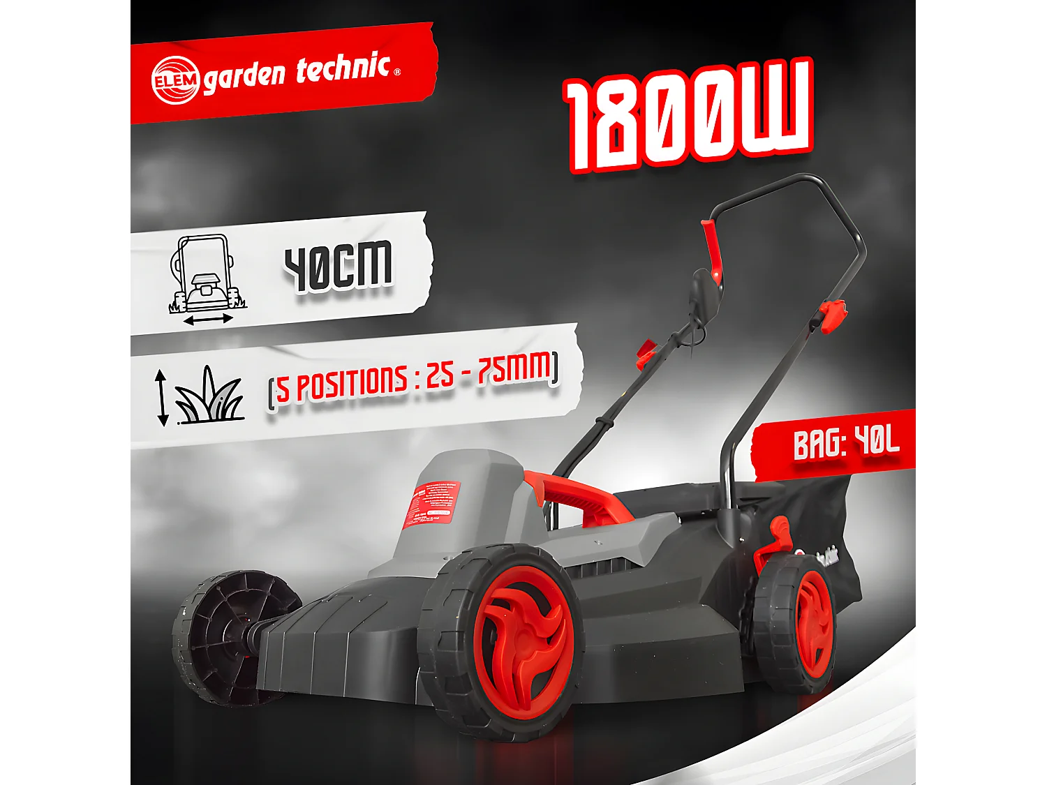 Tondeuse à gazon électrique 1800W - Largeur de coupe 40cm - Elem Garden