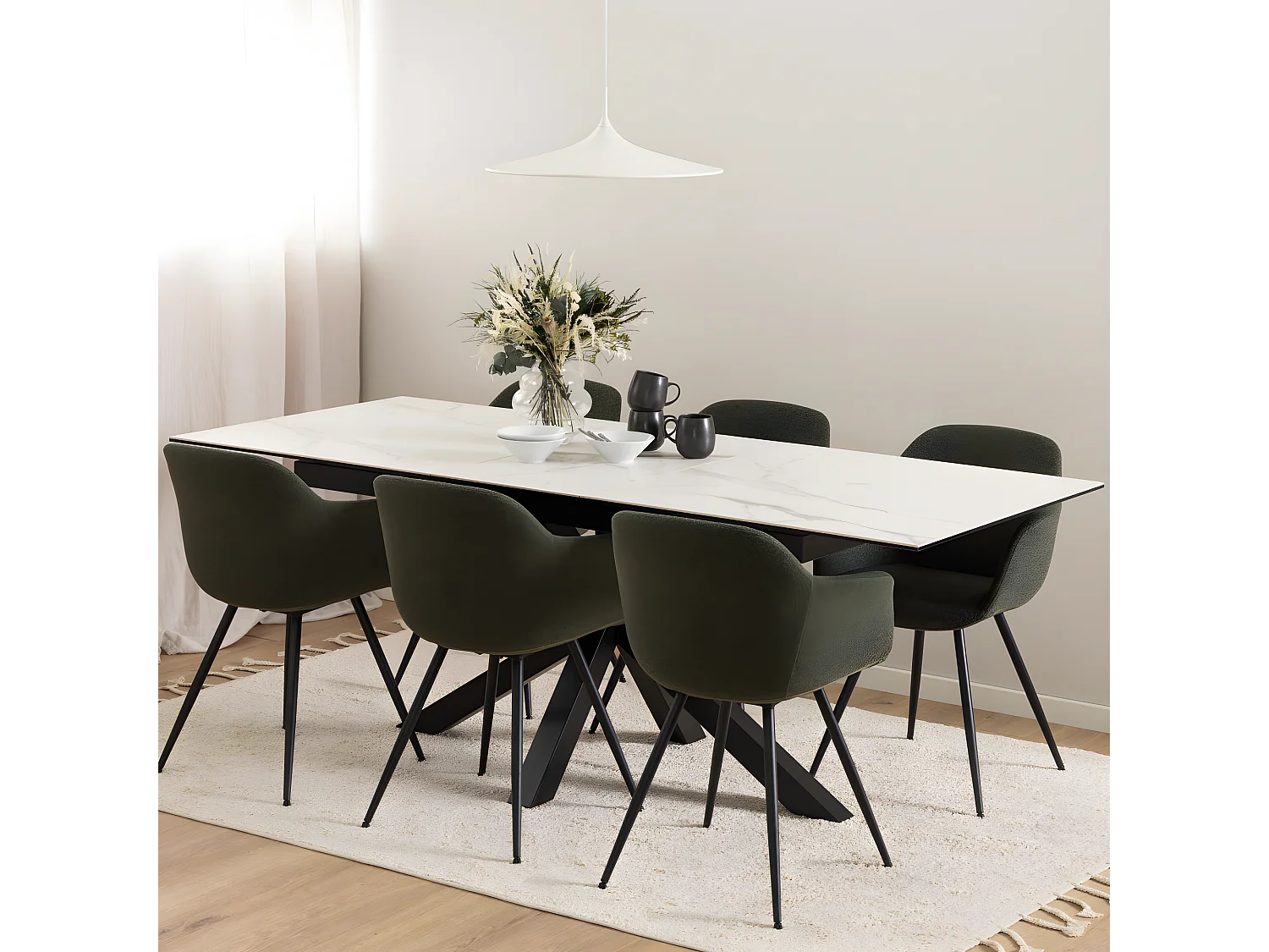 Eurame - Table à manger extensible 6 à 8 places en céramique et métal 168-210x90cm - Blanc