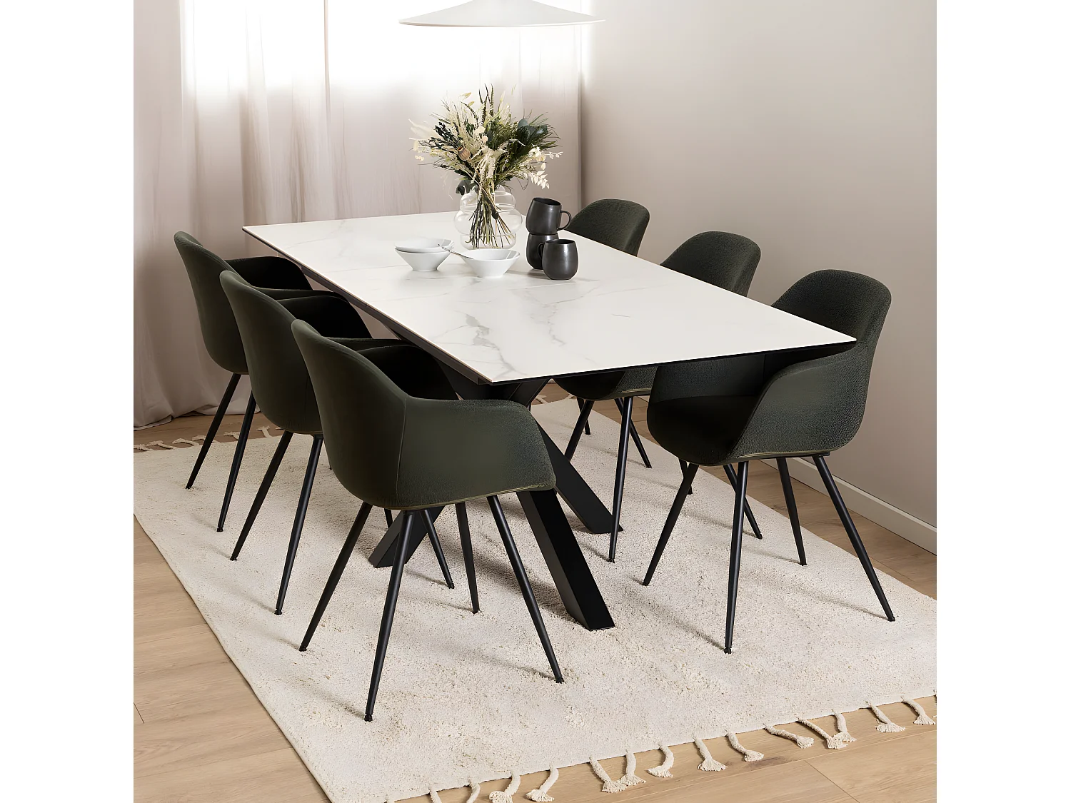 Eurame - Table à manger extensible 6 à 8 places en céramique et métal 168-210x90cm - Blanc