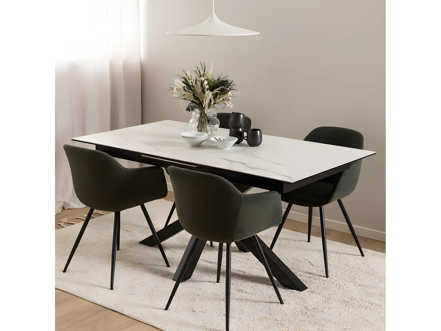 Eurame - Table à manger extensible 6 à 8 places en céramique et métal 168-210x90cm - Blanc