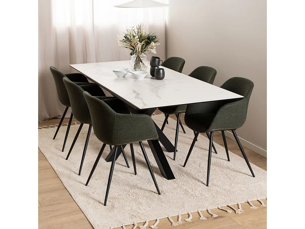 Eurame - Table à manger extensible 6 à 8 places en céramique et métal 168-210x90cm - Blanc