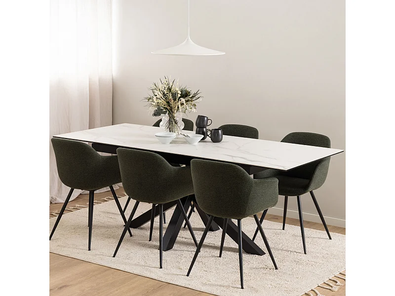 Eurame - Table à manger extensible 6 à 8 places en céramique et métal 168-210x90cm - Blanc