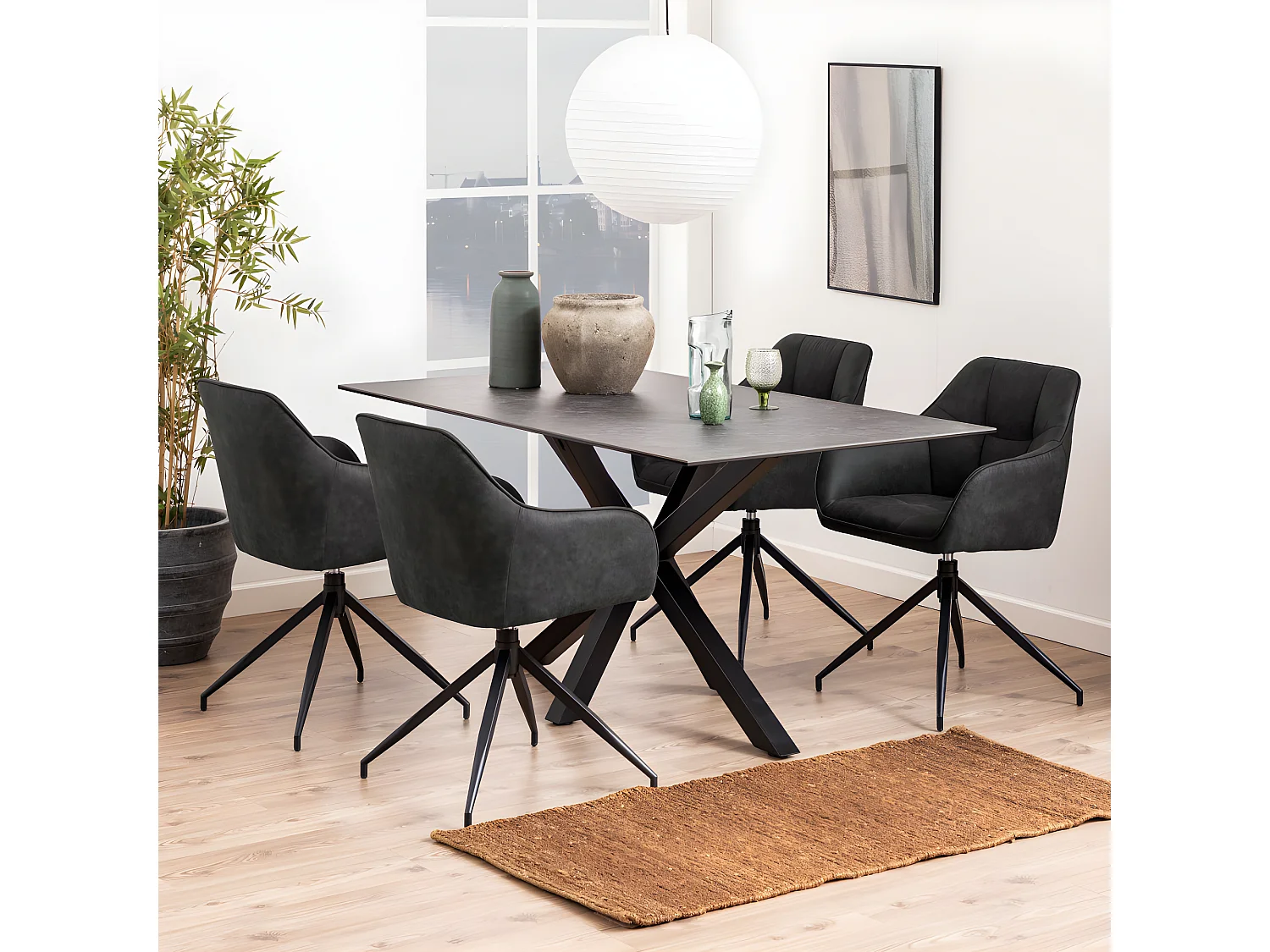 Eurame - Table à manger 6 personnes en céramique et métal - Noir