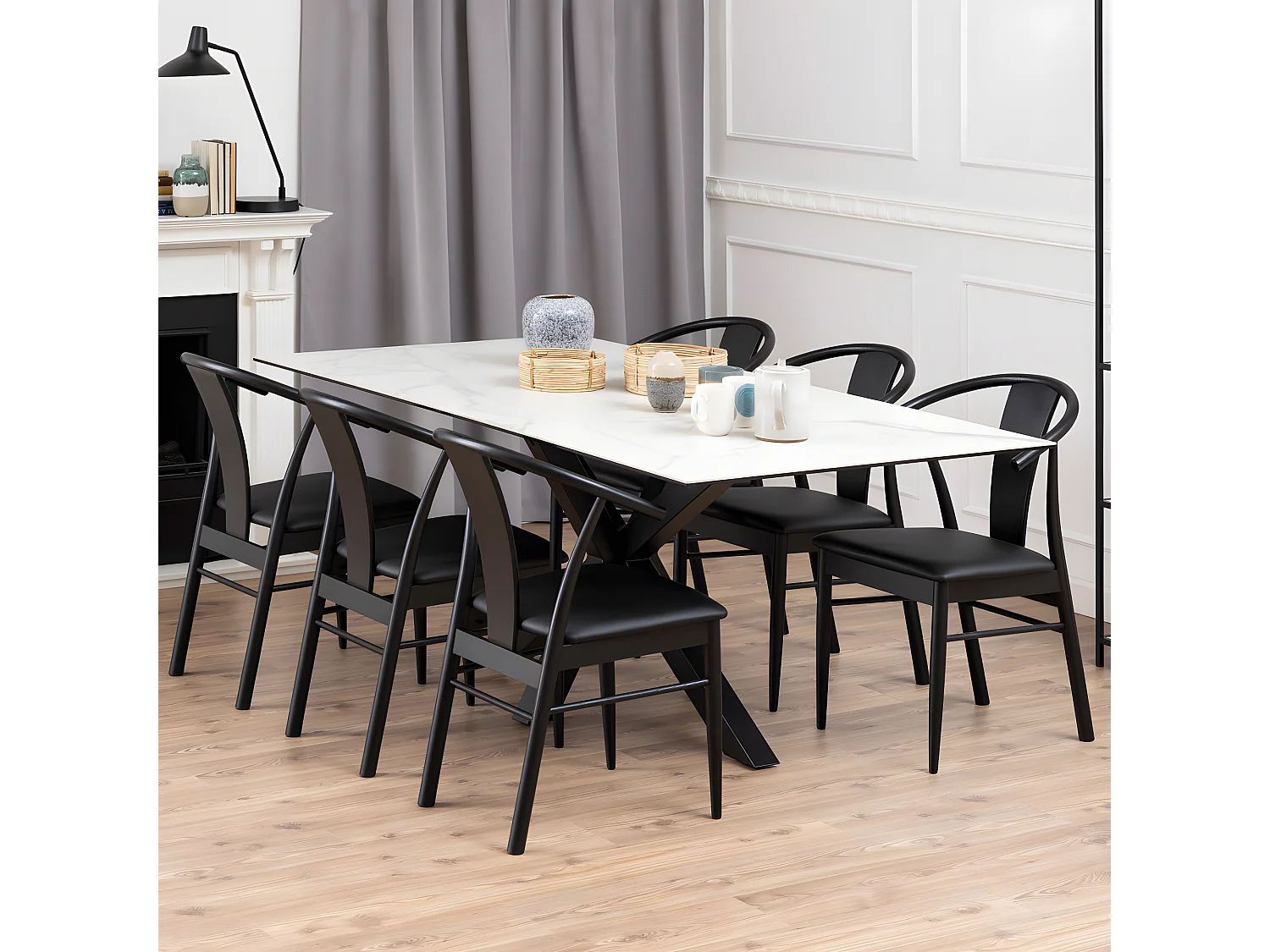 Eurame - Table à manger 8 personnes en céramique et métal - Blanc