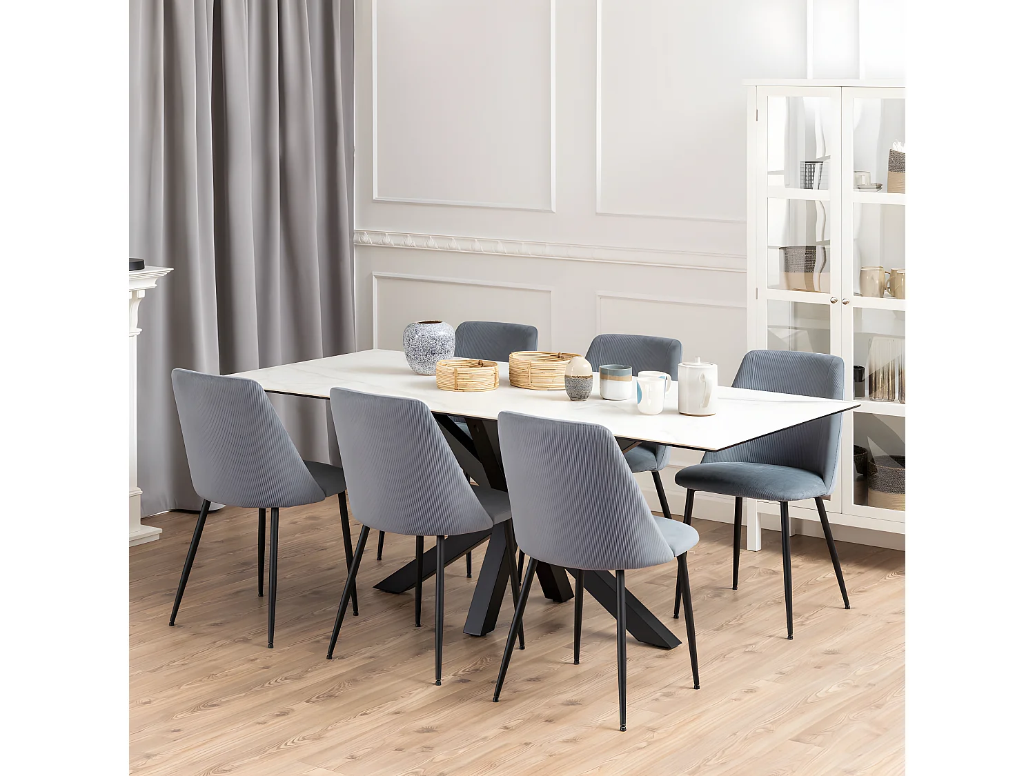 Eurame - Table à manger 8 personnes en céramique et métal - Blanc