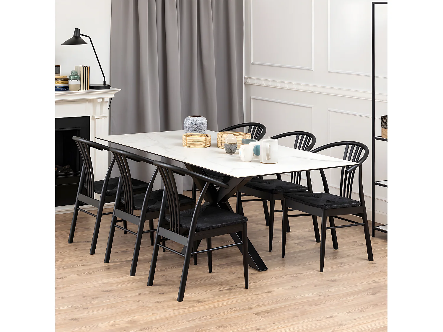 Eurame - Table à manger 8 personnes en céramique et métal - Blanc