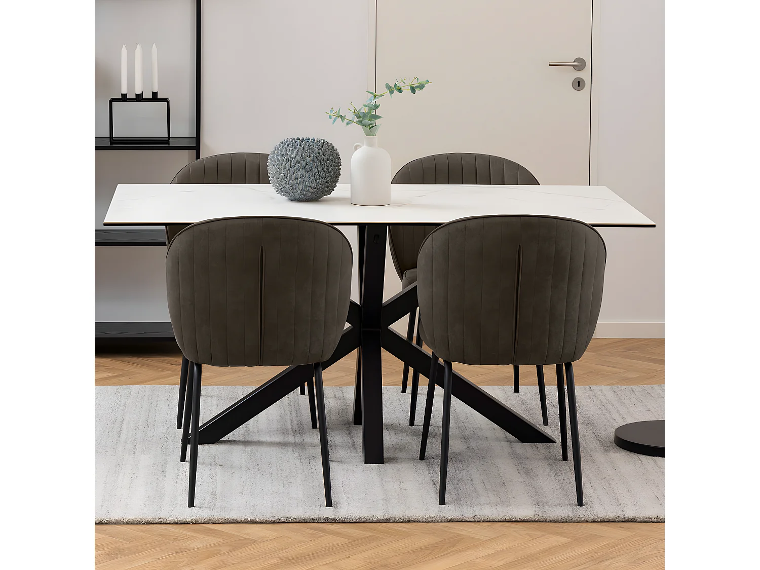 Eurame - Table à manger 6 places en céramique et métal - Blanc