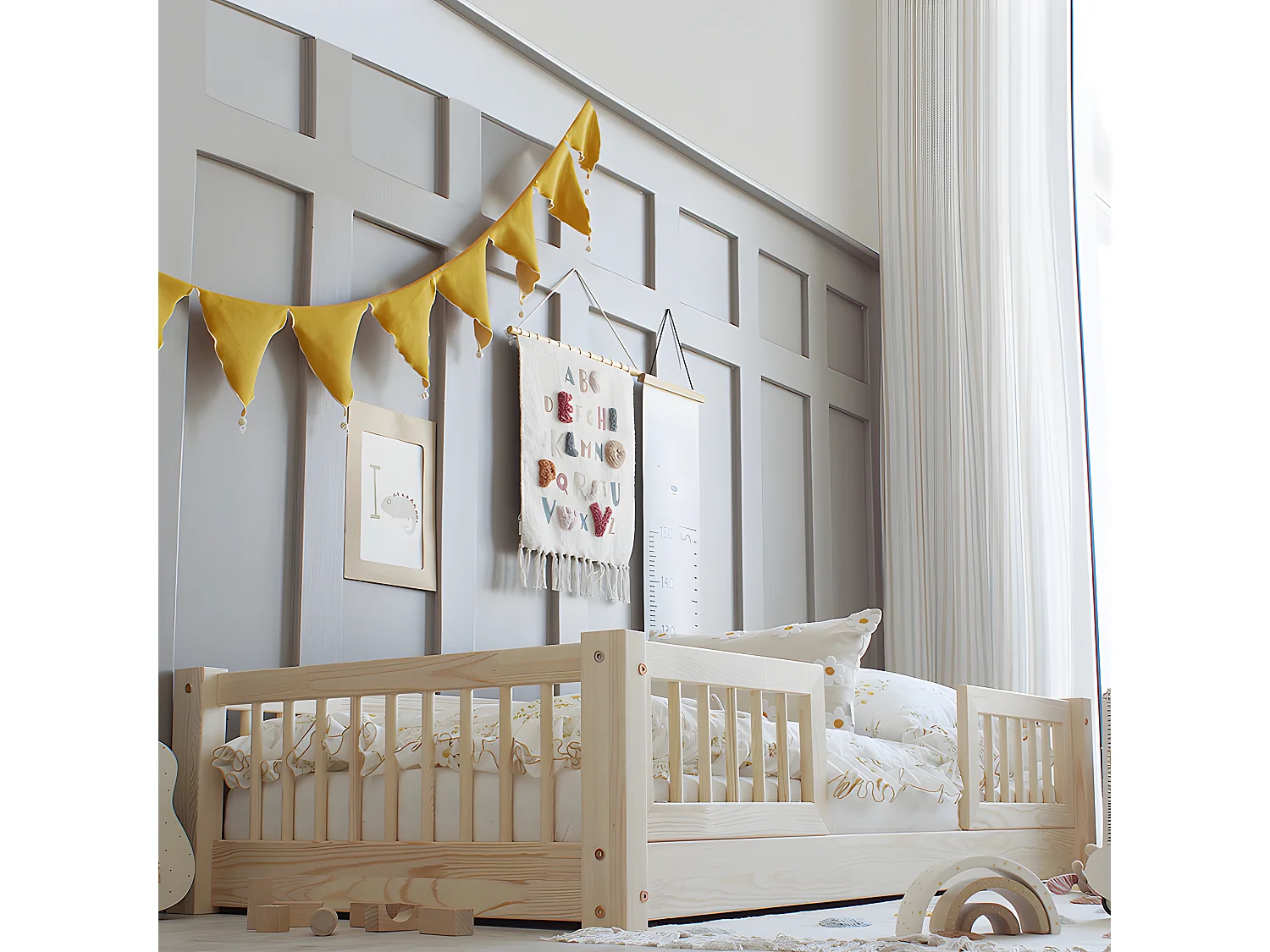 Lit 70x140 barrières et sommier inclus pieds 1 cm Adèle Bois