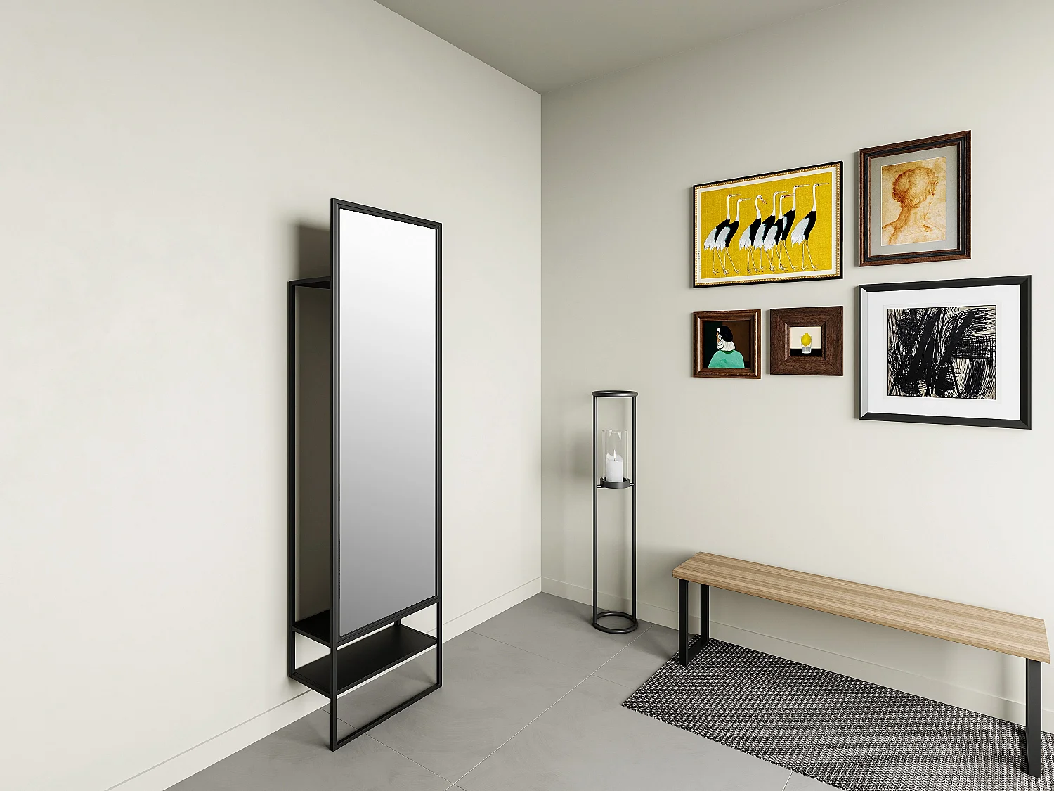 Vestiaire en métal avec penderie, miroir et 1 étagère - Noir - ISALY