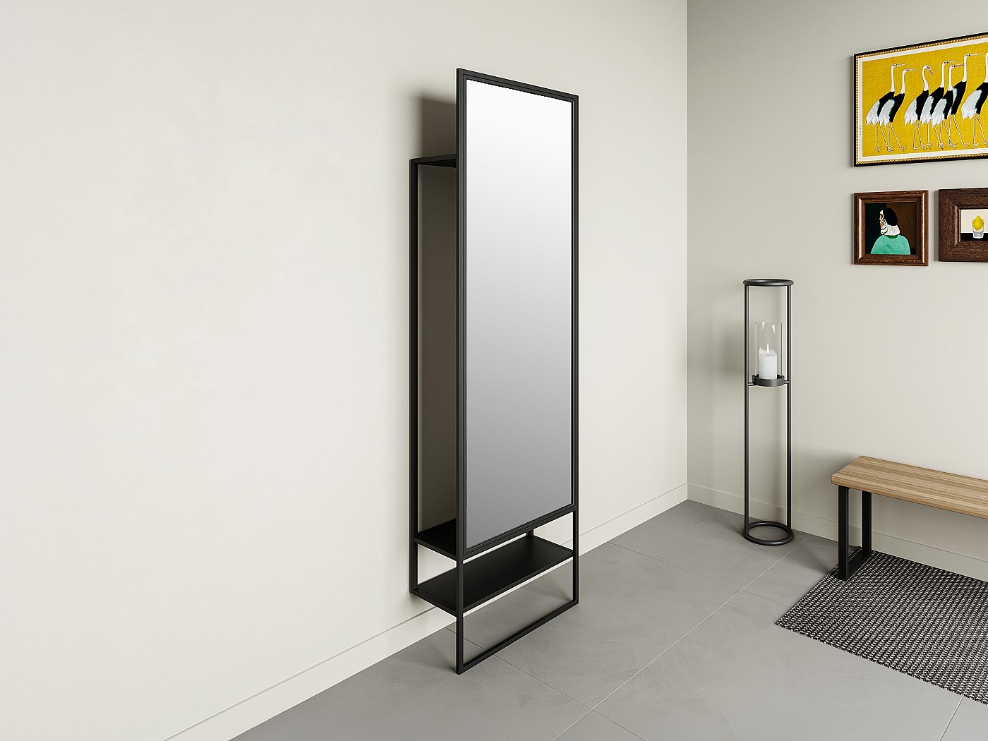 Miroir Pleine Longueur Rotatif En Bois Massif Avec Porte-manteau - Base Pivotante 360°, 160 Cm De Haut, étagère 3 Niveaux