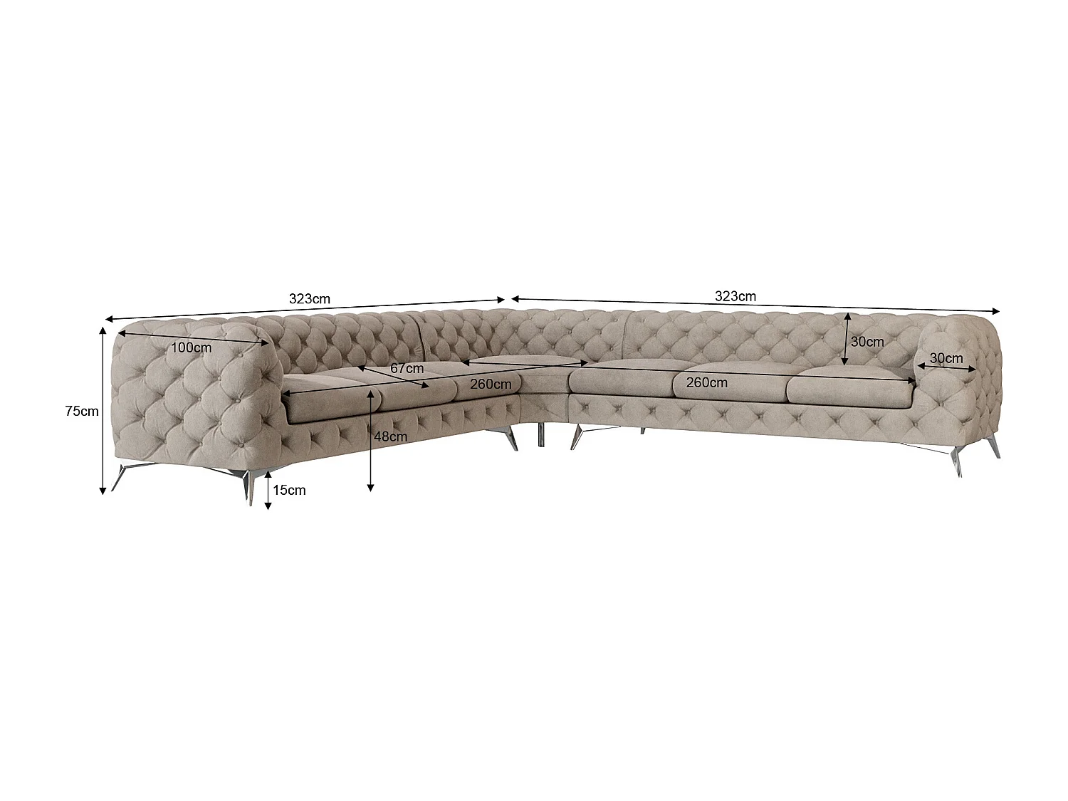 Ecksofa Chesterfield Celeste mit Silber Metall Füßen