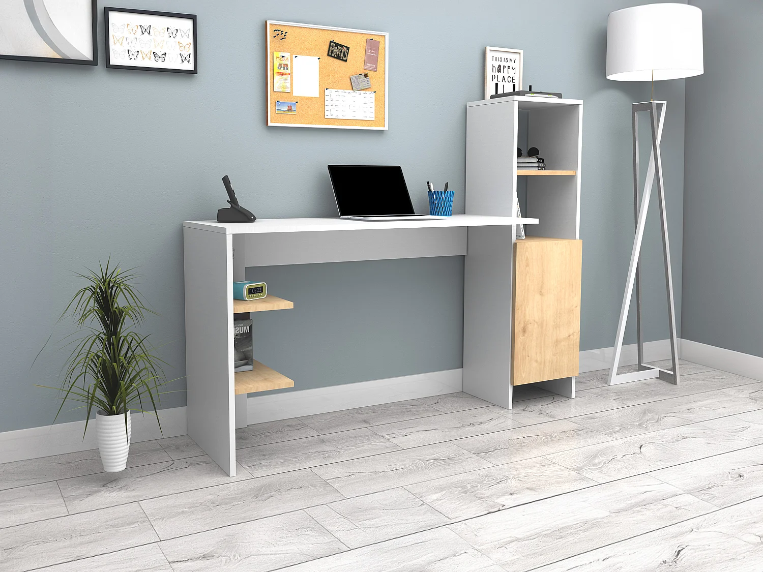 Bureau avec rangements - Coloris : Blanc et naturel - NAROCI