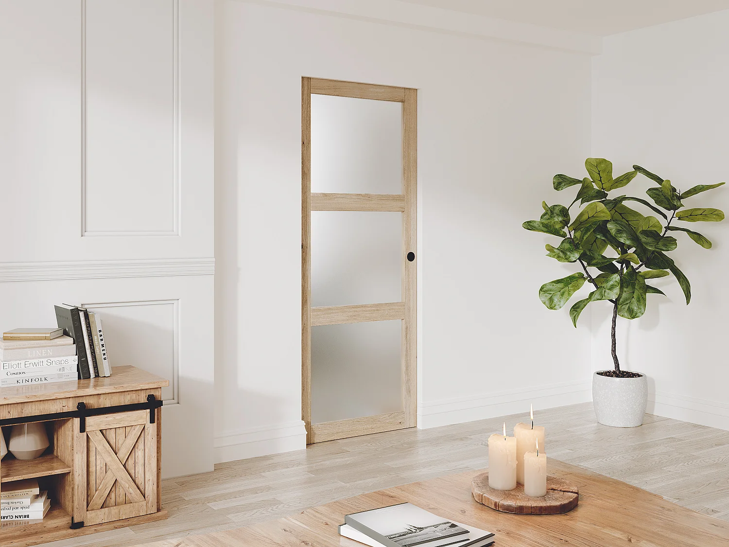 Puerta corredera doble empotrada con 3 ventanas - Alt. 205 x Ancho 73 cm - madera natural - Cristal templado esmerilado - ACOSTA II