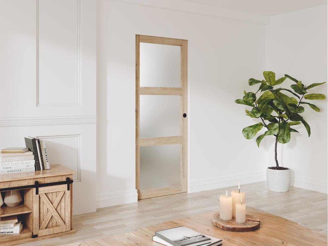 vente unique Porte coulissante avec système à galandage en bois et verre trempé dépoli - 3 fenêtres - H205 x L73 cm - ACOSTA II