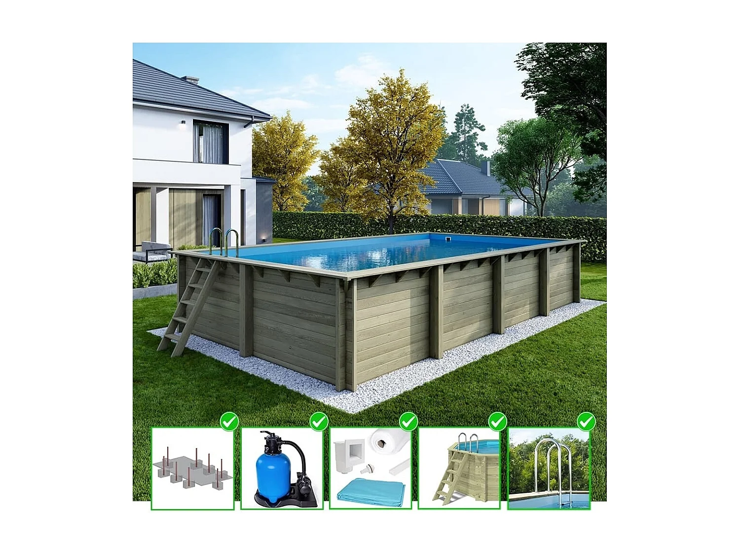 Piscine en bois Aqua 8.5x4.35 - H.1.45 m fixations à sceller - BAS7309OSPI - ALTANKA