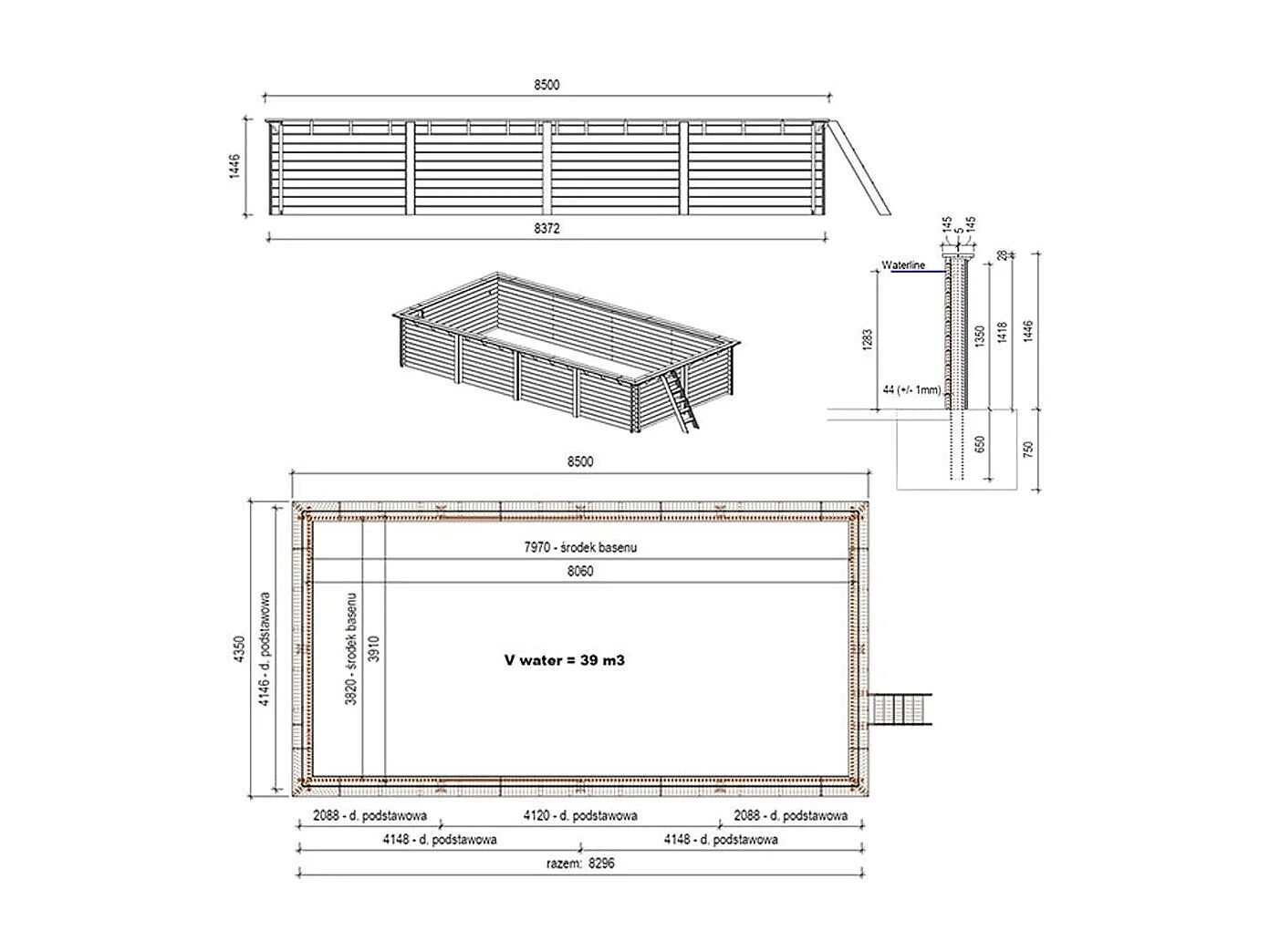 Piscine en bois Aqua 8.5x4.35 - H.1.45 m fixations à sceller - BAS7309OSPI - ALTANKA
