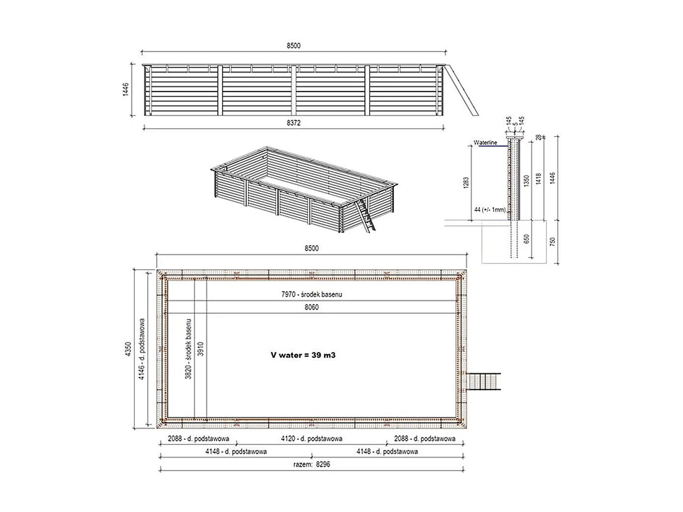 Piscina in legno Aqua 8.5x4.35 - H.1.45 m con profilo da cementare - BAS7309OSPI - ALTANKA