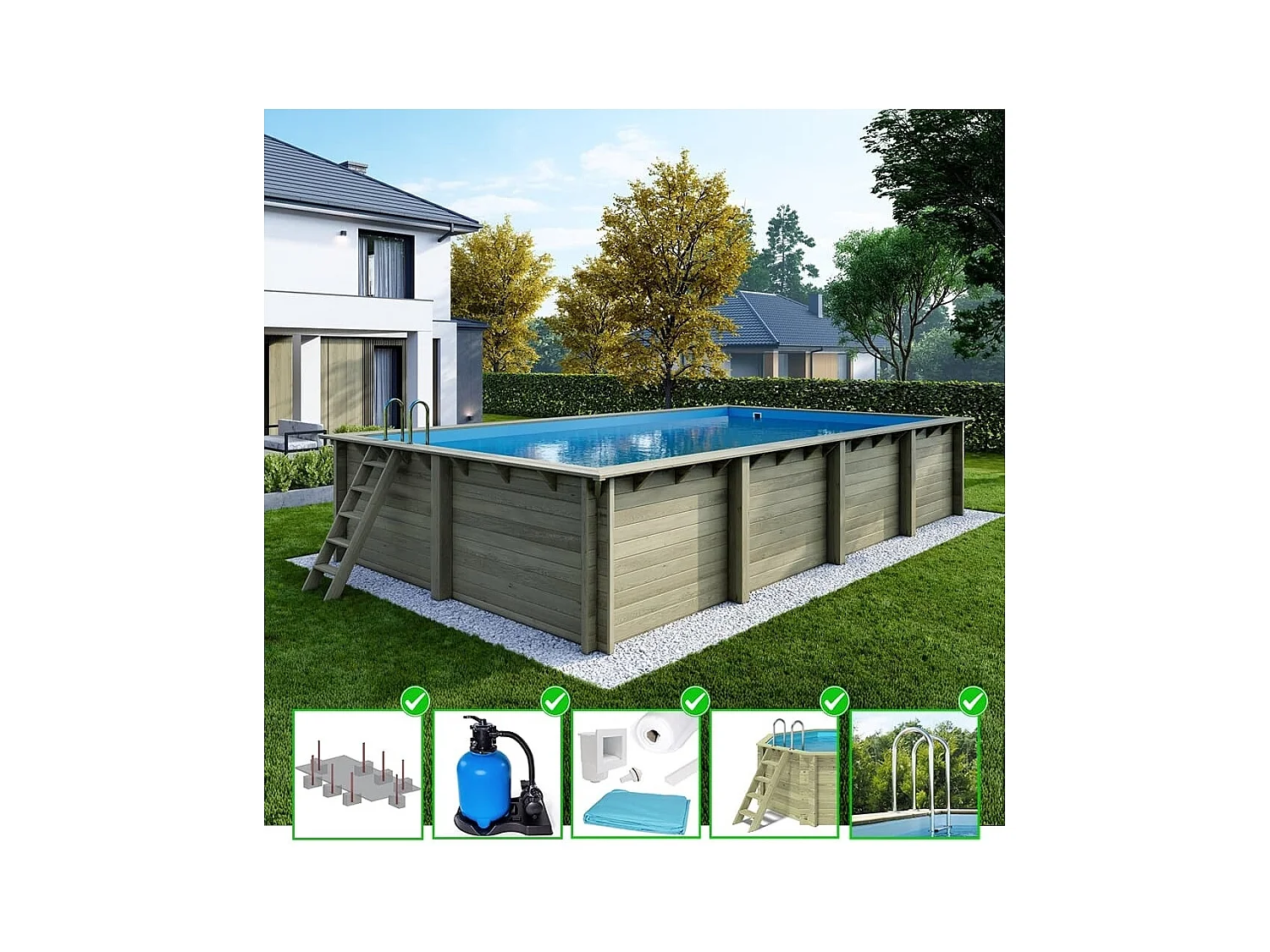 Piscine en bois Aqua 8.5x4.35 - H.1.45 m fixations à sceller - BAS7309OSPI - ALTANKA