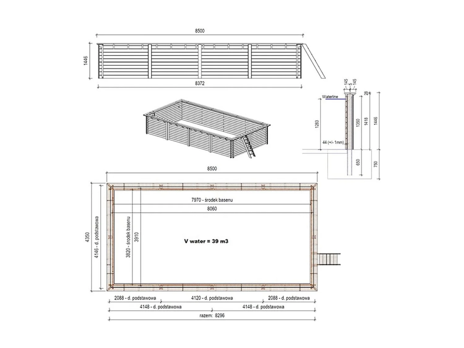 Piscine AQUA 8.5 x 4.35 - H.1.45 m, bleu pâle, fixations à sceller - BAS7309OSPI - ALTANKA