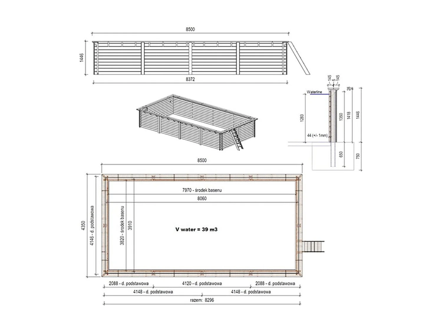 Piscine en bois AQUA 8.5 x 4.35 - H.1.45 m, bleu pâle, fixations à sceller - BAS7309OSPI - ALTANKA