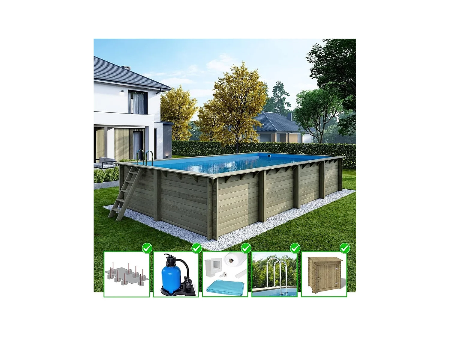 Piscine en bois Aqua 8.5x4.35 - H.1.45 m fixations à sceller - BAS7309OSPI+SZA - ALTANKA