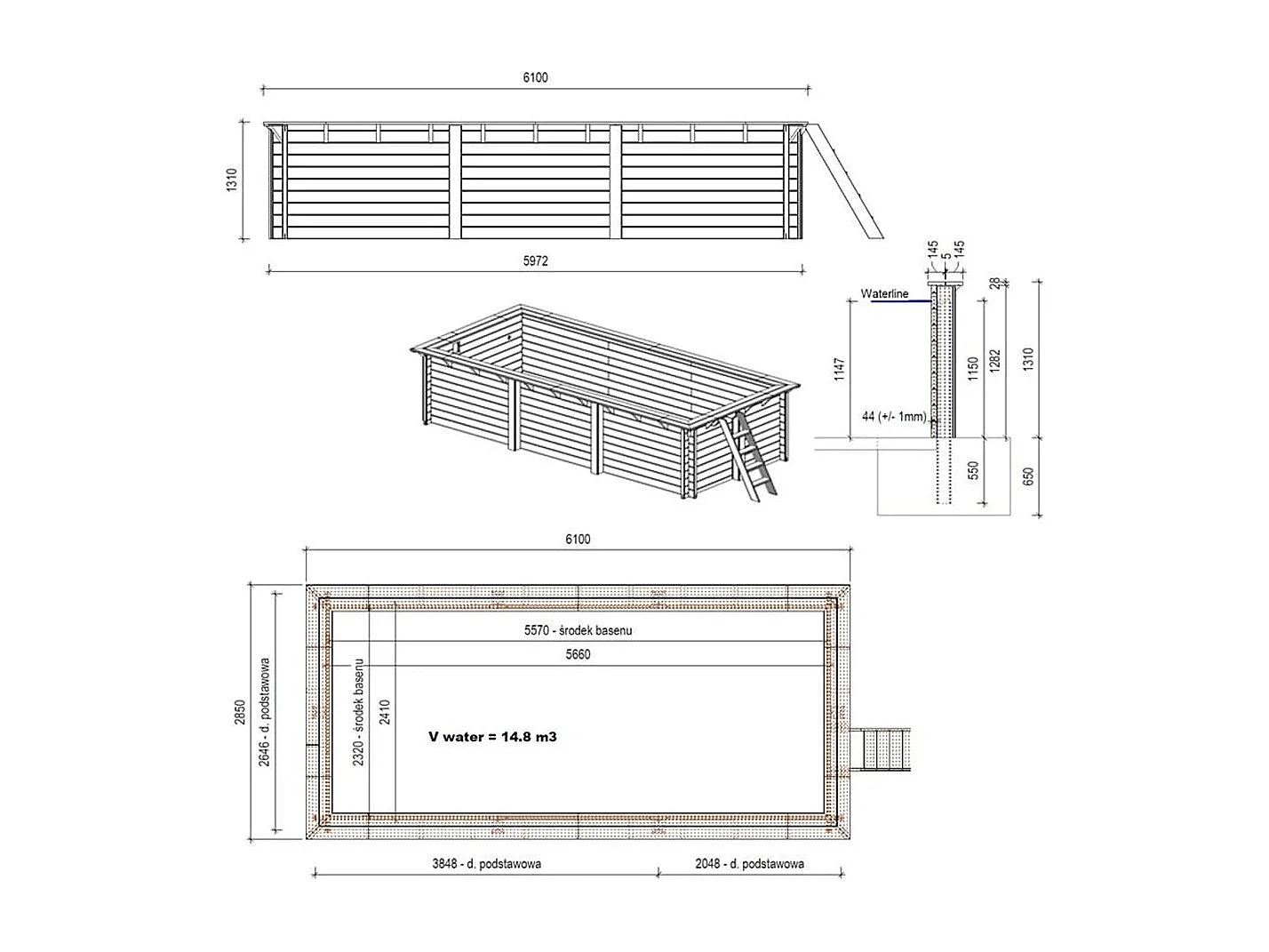 Piscine en bois Aqua 6.1x2.85 - H.1.31 m fixations à sceller - BAS7307OSPI - ALTANKA