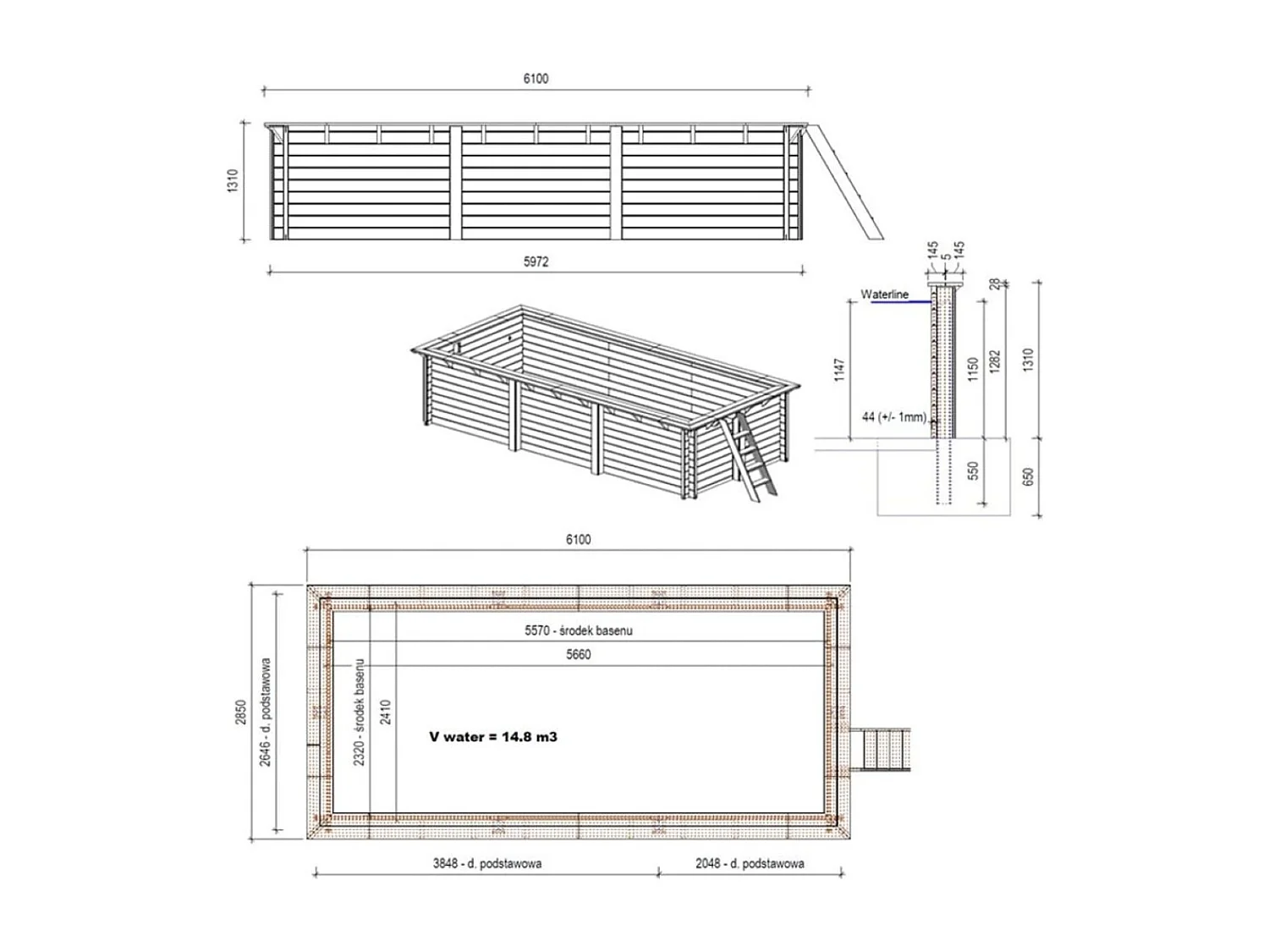 Piscine en bois AQUA 6.1 x 2.85 - H.1.31 m, bleu pâle, fixations à sceller - BAS7307OSPI - ALTANKA