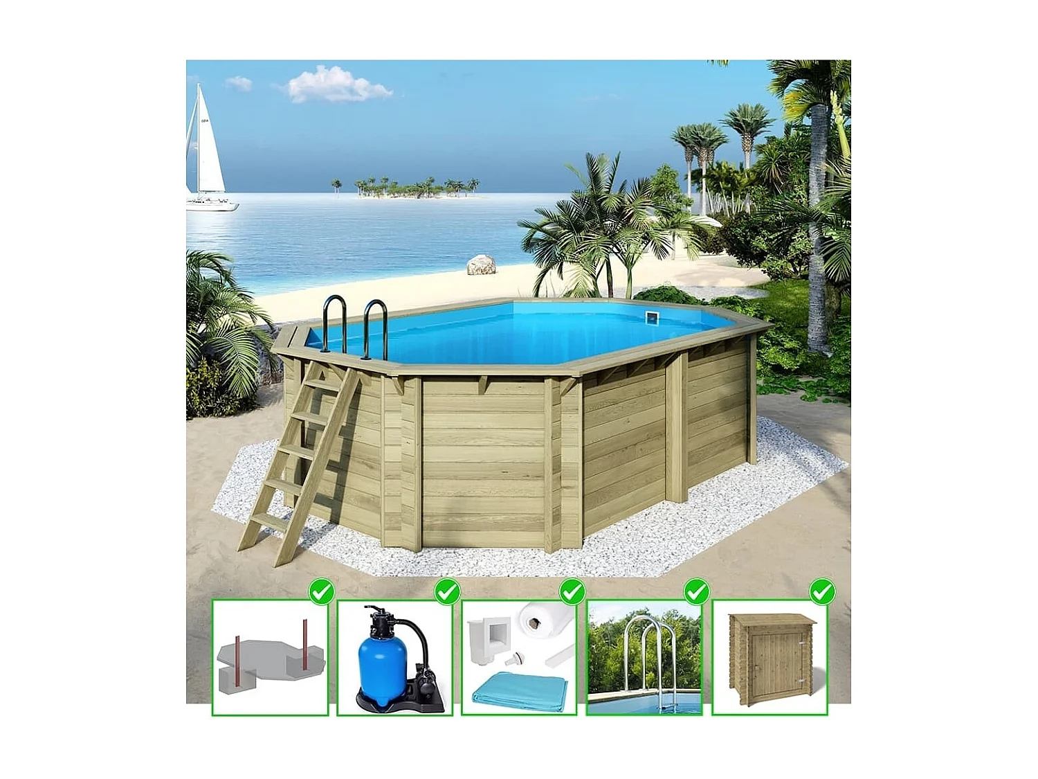 Piscina in legno Nemo 5.79x3.49 - H.1.45 m con profilo da cementare - BAS7304OSPI+SZA - ALTANKA